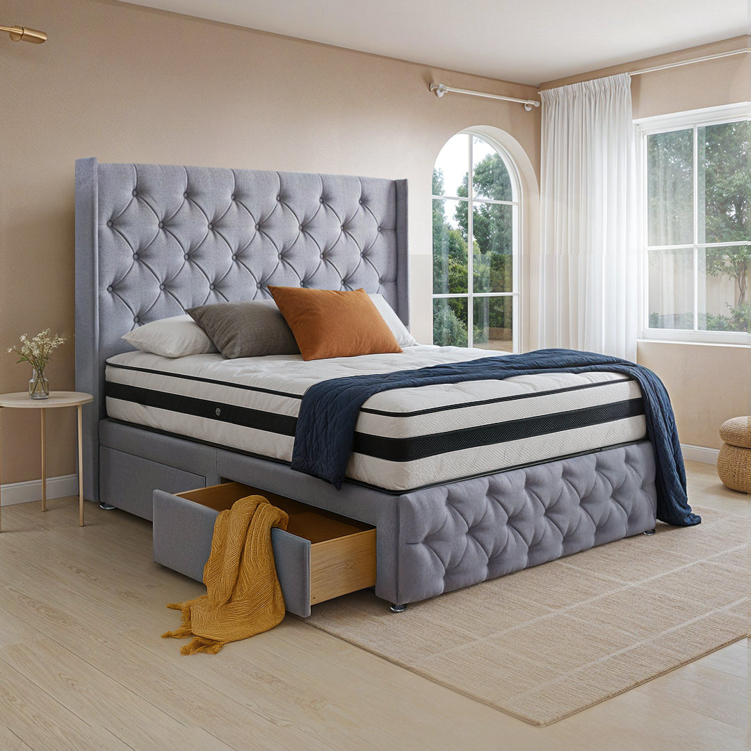 Jupiter Divan Bed Set With 54 inches High Winged Headboard and Footboard Set - Divan Factory Outlet