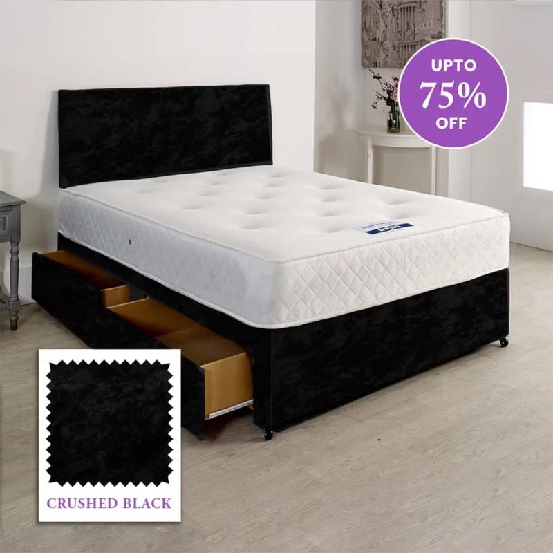 5ft King Size Walker Slater Open Coil Sprung Memory Divan With 4 Drawers Storage And Plain Matching 20 Inches Headboard Set In Crush Velvet Black
