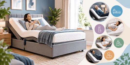 Adjustable bed in a contemporary bedroom with an elevated head and leg position, illustrating comfort and personalised support for older adults, pregnant women, and people who enjoy reading or relaxing in bed.