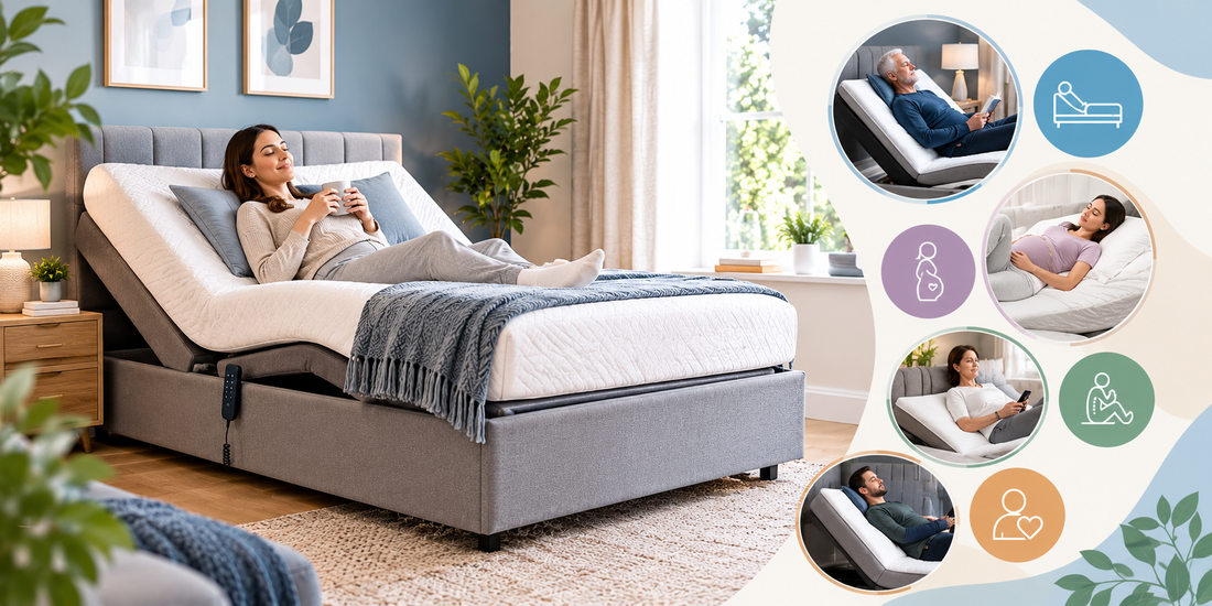 Adjustable bed in a contemporary bedroom with an elevated head and leg position, illustrating comfort and personalised support for older adults, pregnant women, and people who enjoy reading or relaxing in bed.