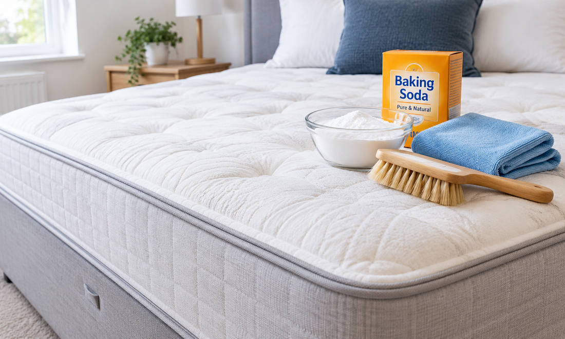 Stripped mattress on a divan base with a soft brush, microfibre cloth and baking soda ready for cleaning
