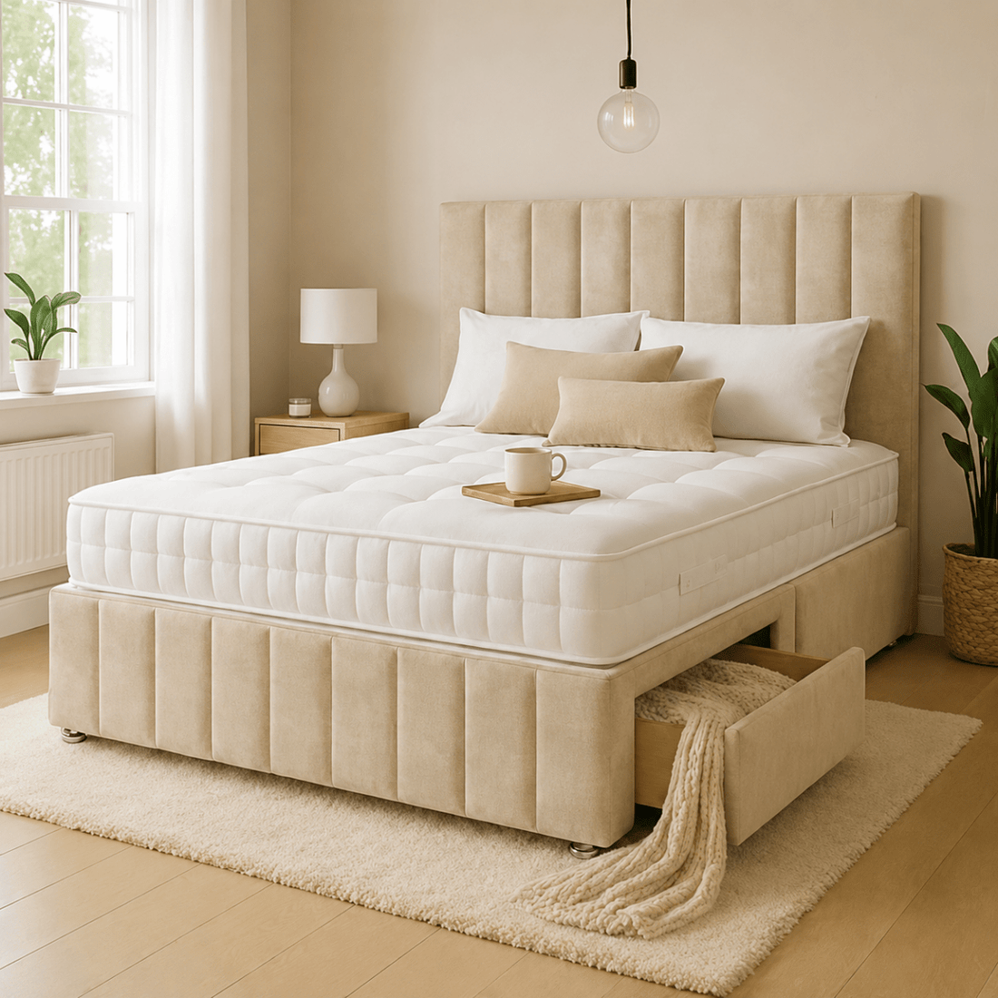 York Manor Upholstered Bed Set with 26 Inch Headboard & Drawer Storage