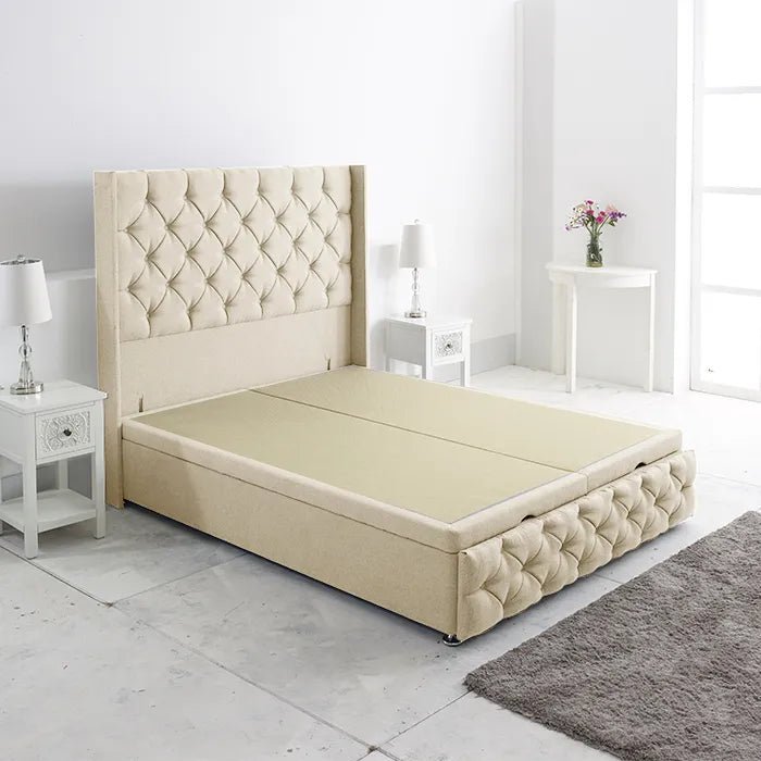 Westminster Aladdin Ottoman Storage Bed Base with Winged Floor Standing Headboard and Footboard - Divan Factory Outlet