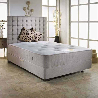 4ft 6 Inches Double Dream Vendor Imperial 2000 Pocket With 2 Drawers Storage and Como 24 Inches Tall Headboard Set In Matiz Beige - Divan Factory Outlet