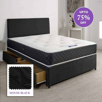 4ft 6 Inches Double Walker & Slater Open Coil Sprung Memory Divan Bed Set With 4 Drawers Storage And Plain Matching 20 Inches Headboard Set In House Black - Divan Factory Outlet