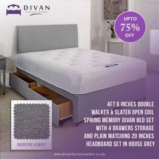 4ft 6 Inches Double Walker & Slater Open Coil Sprung Memory Divan Bed Set With 4 Drawers Storage And Plain Matching 20 Inches Headboard Set In House Grey - Divan Factory Outlet