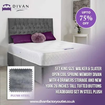 5ft King Size Walker & Slater Open Coil Sprung Memory divan with 4 Drawers Storage And New York 26 Inches Tall Tufted Buttons Headboard Set In Steel Plush - Divan Factory Outlet