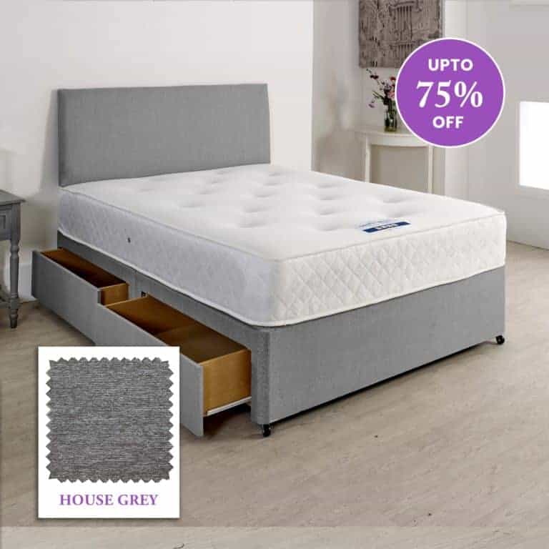 5ft King Size Walker & Slater Open Coil Sprung Memory Divan With 4 Drawers Storage And Plain Matching 20 Inches Headboard Set In House Grey - Divan Factory Outlet