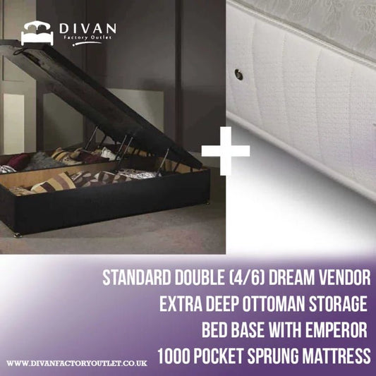 Standard Double (4/6) Dream Vendor Extra Deep Ottoman Storage Bed Base with Emperor 1000 pocket Sprung Mattress - Divan Factory Outlet